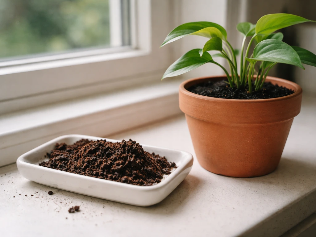 Used coffee grounds in a small tray beside a potted plant, showing natural soil amendment use.
