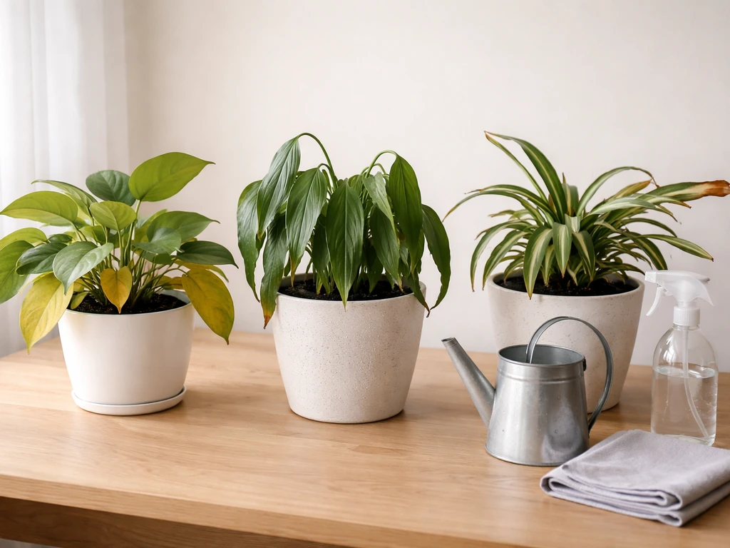 Three houseplants with yellowing, drooping, and leaf-edge burn beside simple household fix items on a table