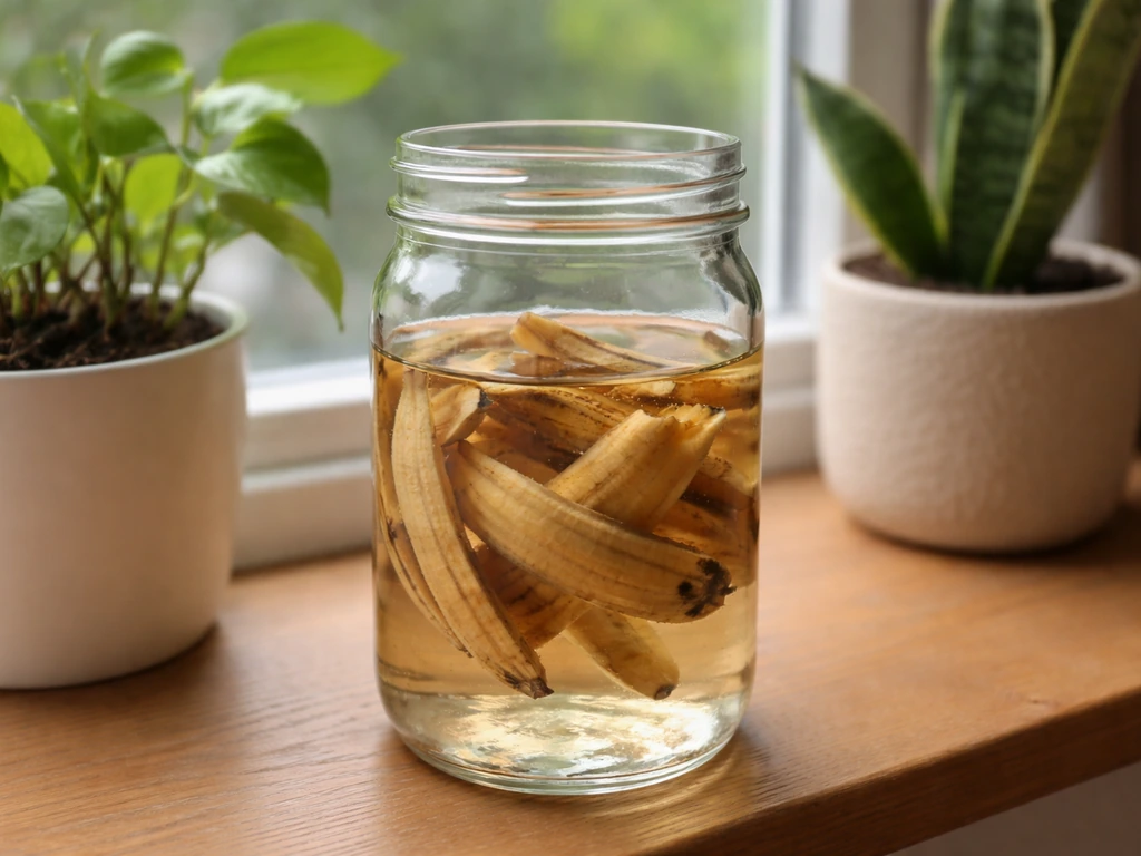 Banana peels steeping in clear water beside potted houseplants on a windowsill.