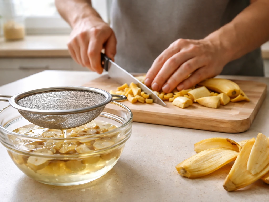 Hands chop banana peels while clear, lightly yellow liquid strains into a bowl.