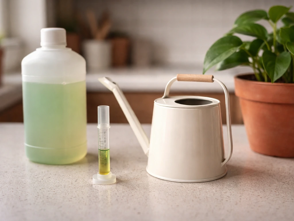 Measuring dropper with liquid fertilizer beside a watering can and a potted houseplant on a countertop.