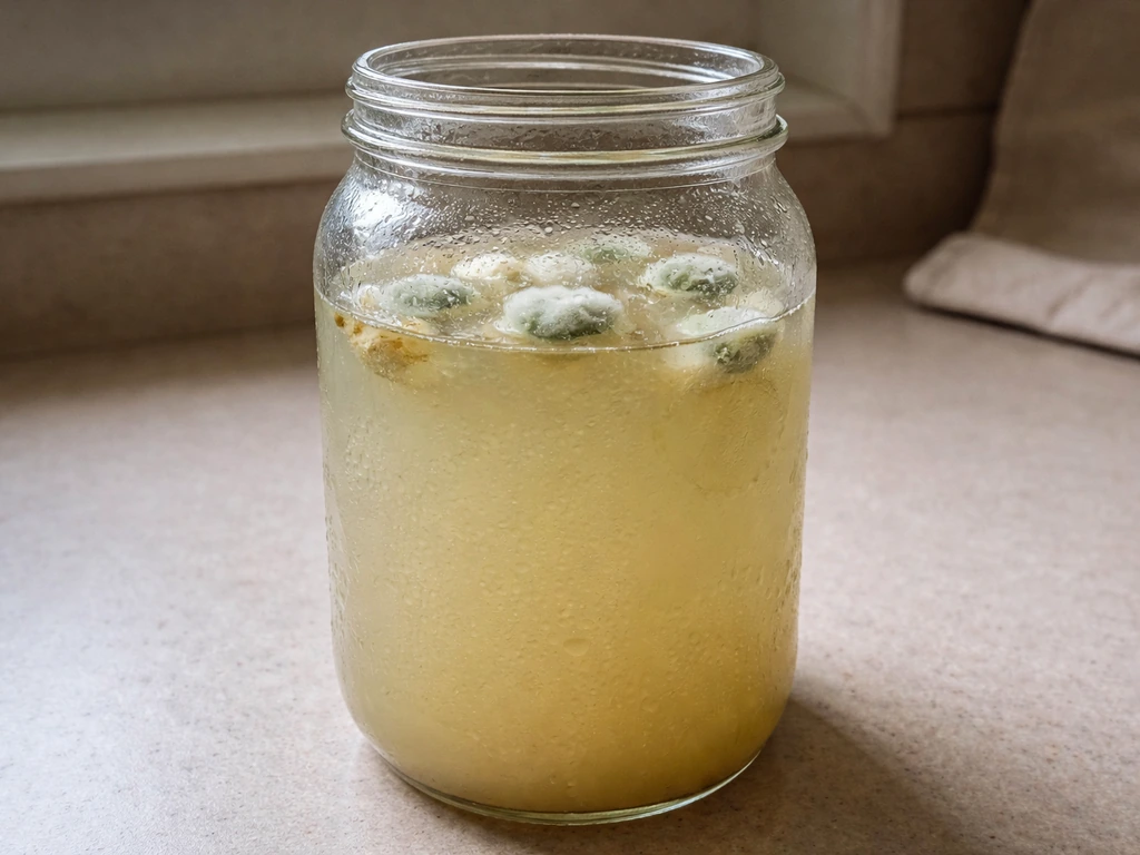 Close-up of a clear jar of banana-water with visible cloudy mold after over-soaking on a kitchen counter.