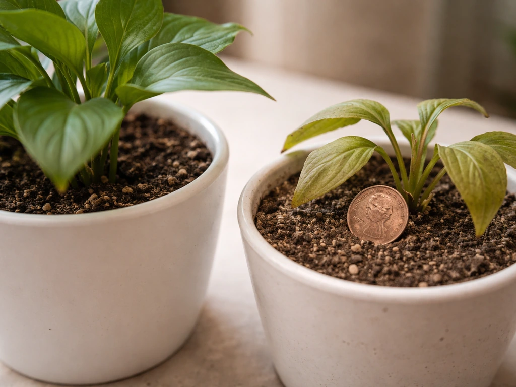 Copper penny in soil beside healthy and slightly stressed houseplants in two pots.
