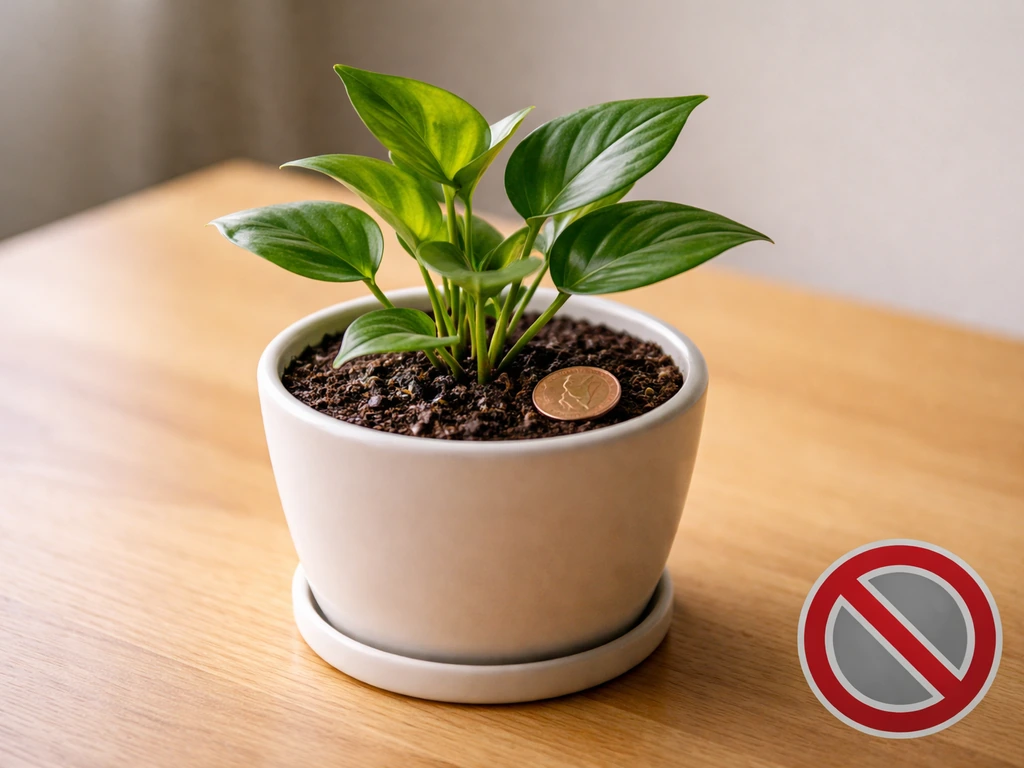 Potted plant with a copper penny on soil beside a red “no” style graphic treatment (textless).