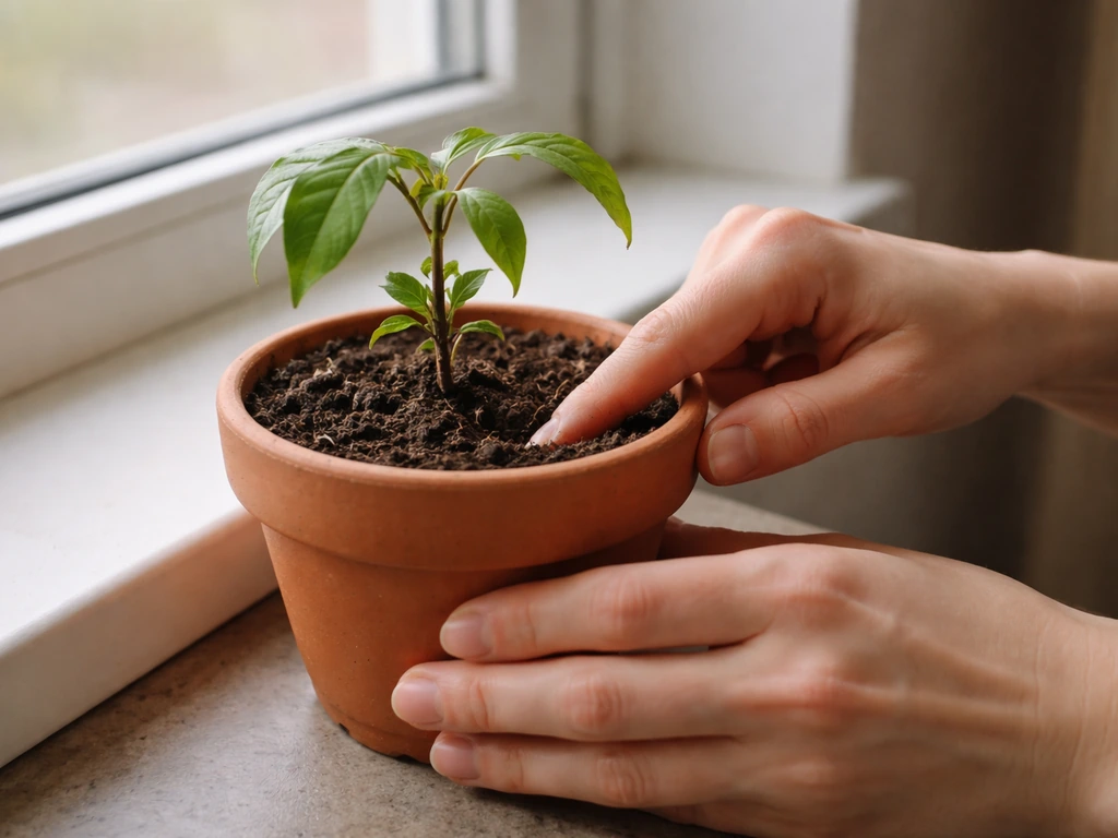 Hands checking moisture by inserting a finger into soil around a struggling potted plant.