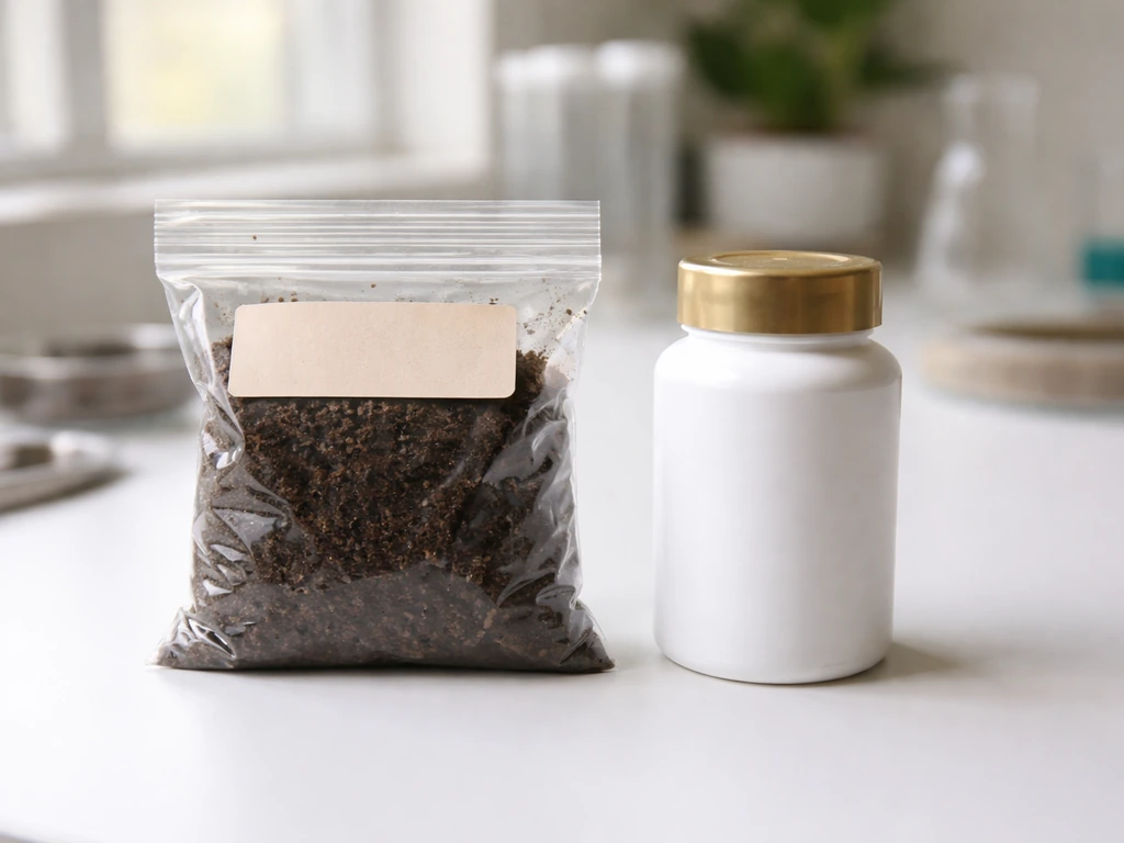 Soil sample bag on a lab bench next to a sealed micronutrient supplement container.