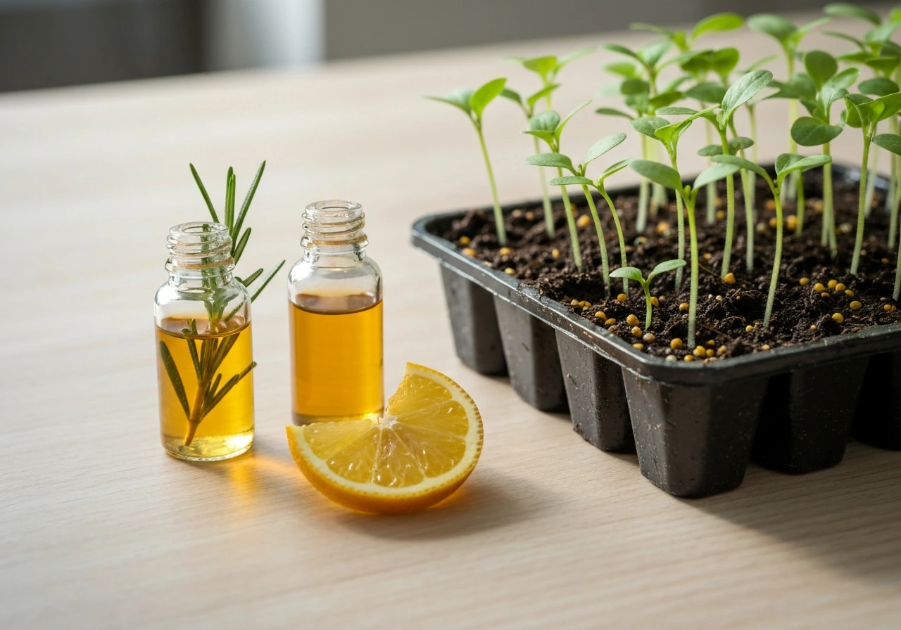 Essential oil bottles beside healthy potted seedlings and dark soil, suggesting plant growth support.