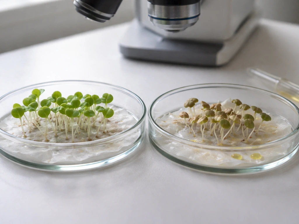 Close-up of radish seedlings in two Petri dishes, greener on one side and drooping on the other after citrus oil exposur