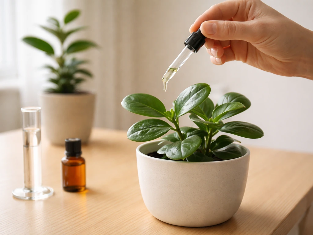 Small potted plant with ultra-dilute essential oil spray droplets on leaves, other plants separated nearby