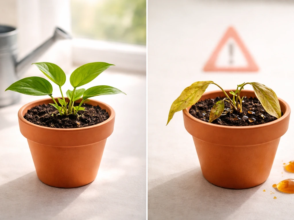 Minimal photo-style scene showing thriving plant care items versus a caution symbol for essential-oil inhibition