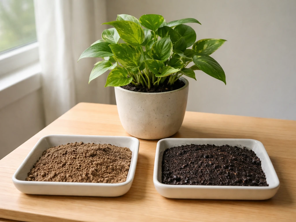 Close-up of a potted plant beside two trays showing dry vs damp soil for simple problem diagnosis.
