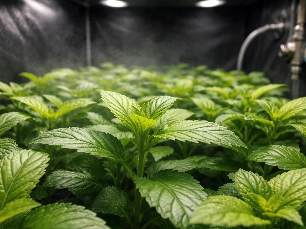 Close-up of healthy seedlings under bright grow lights with slight haze and out-of-focus CO2 tubing.