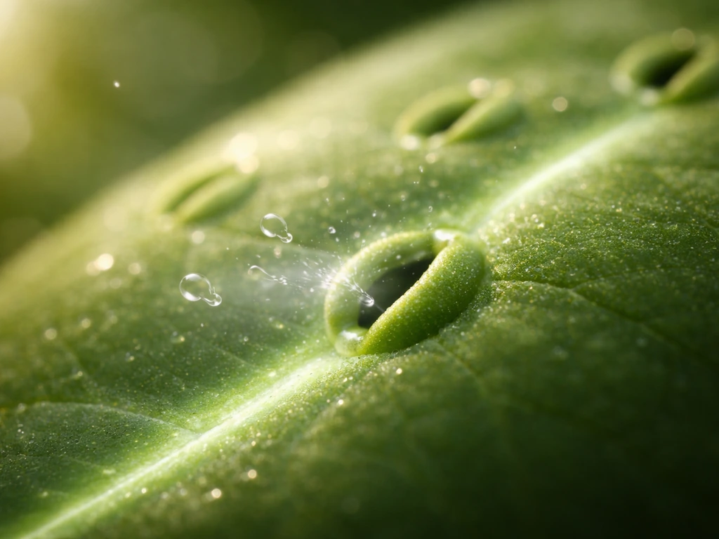 Macro photo of a green leaf with visible stomata and subtle CO₂-like particles near the surface.