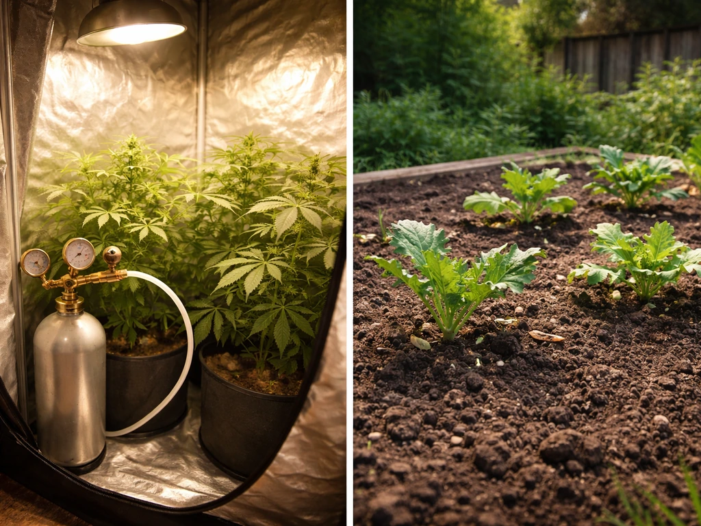 Split view of a sealed indoor grow tent with CO₂ injection hardware and an outdoor garden bed in ambient air