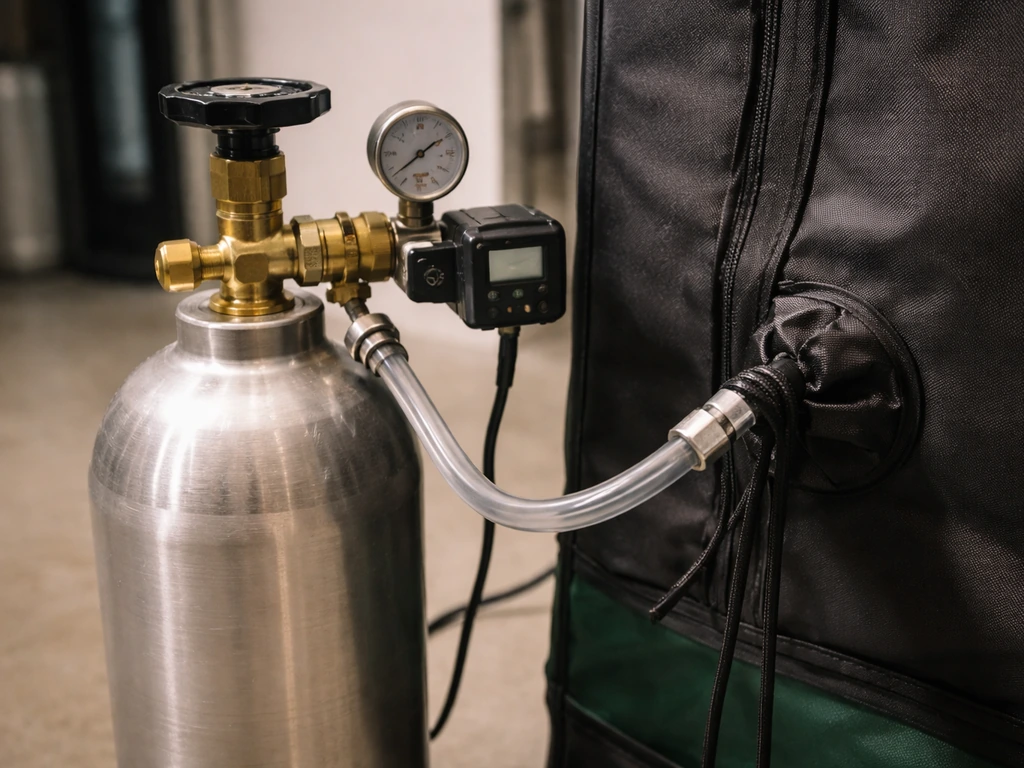 Close-up of a CO₂ tank with regulator and timer, hose connected to a sealed grow tent inlet.