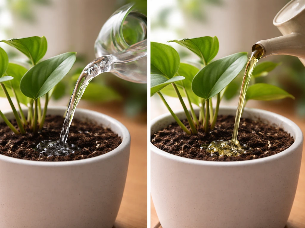 Split close-up: clear water poured on one potted plant versus tinted nutrient liquid poured on another.