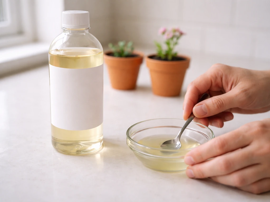 Fertilizer bottle beside a small bowl of liquid nutrients being hand-mixed for different plants at growth stages.