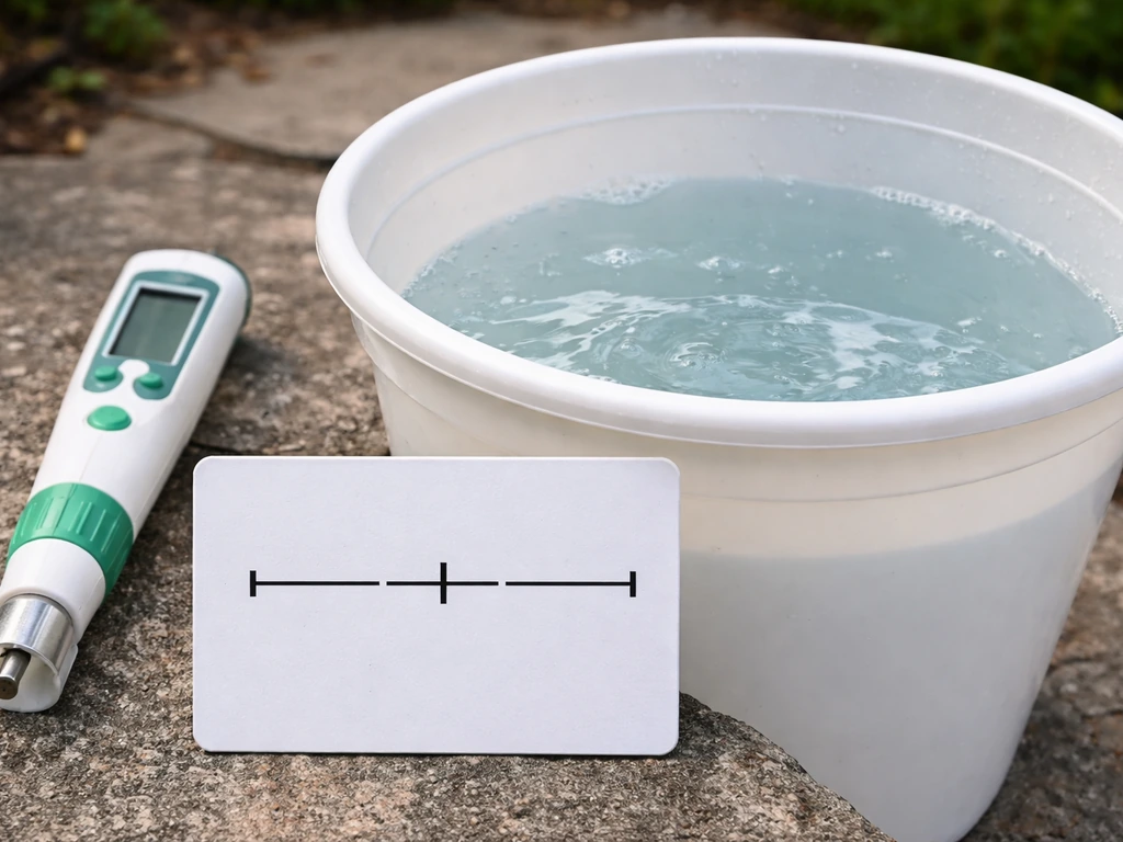 Close-up of an EC conductivity probe and target range marker beside a mixing bucket for fertigation.