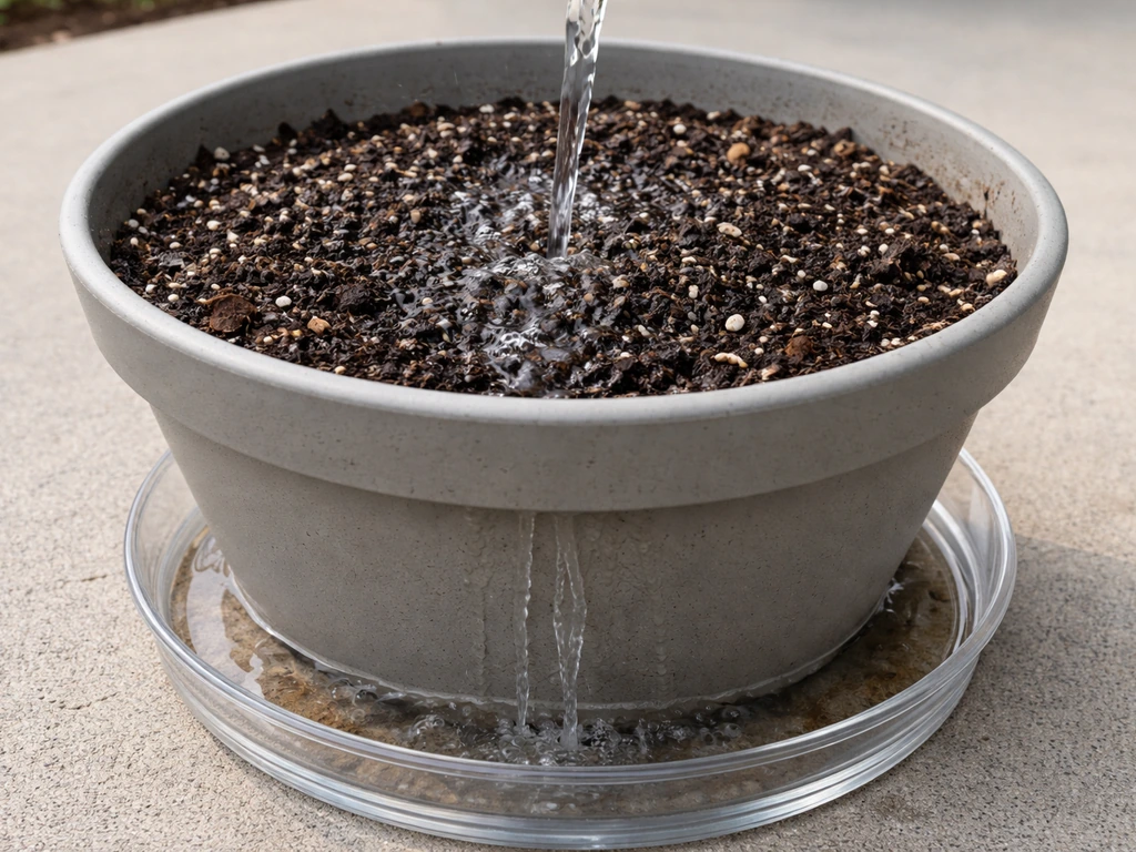 Container potting mix being flushed with plain water, with runoff clearing into a small catch tray.