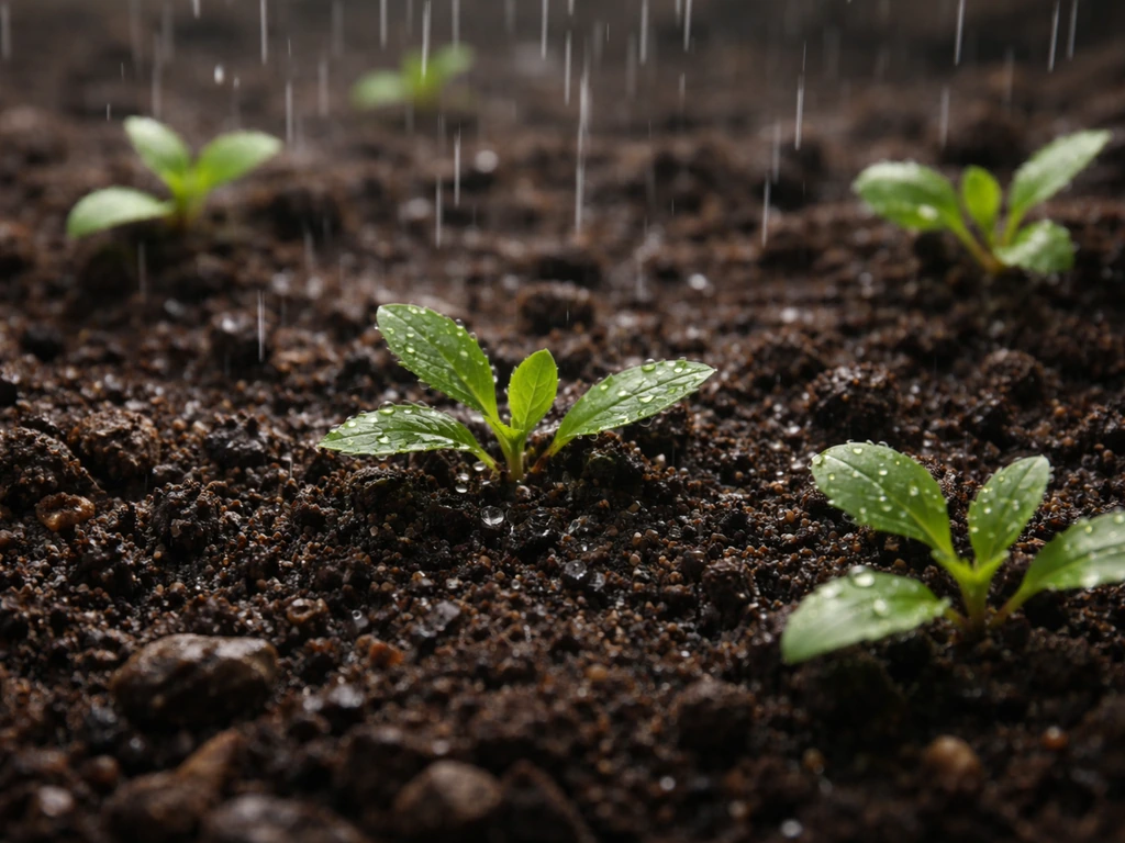 Close-up rainwater droplets falling onto dark, crumbly soil with a small healthy plant bed