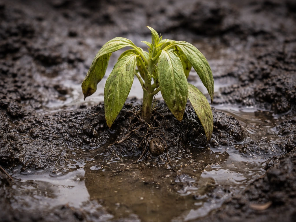 Close-up of a drooping plant in dark, saturated soil showing waterlogging stress.