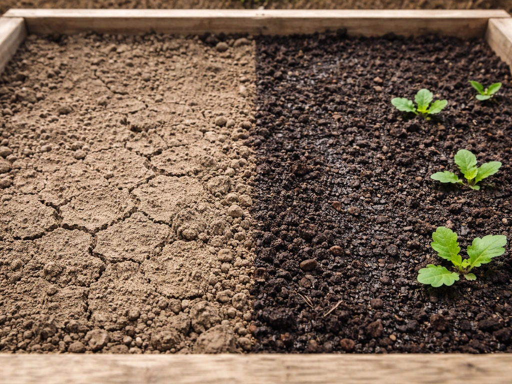 Adjacent soil patches: left cracked dry dirt, right dark moist soil with a few small green leaves