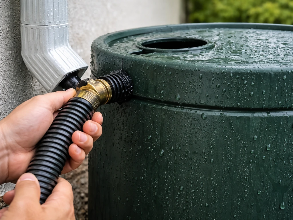 Hands connecting a rain barrel to a downspout to capture rainwater for garden use.
