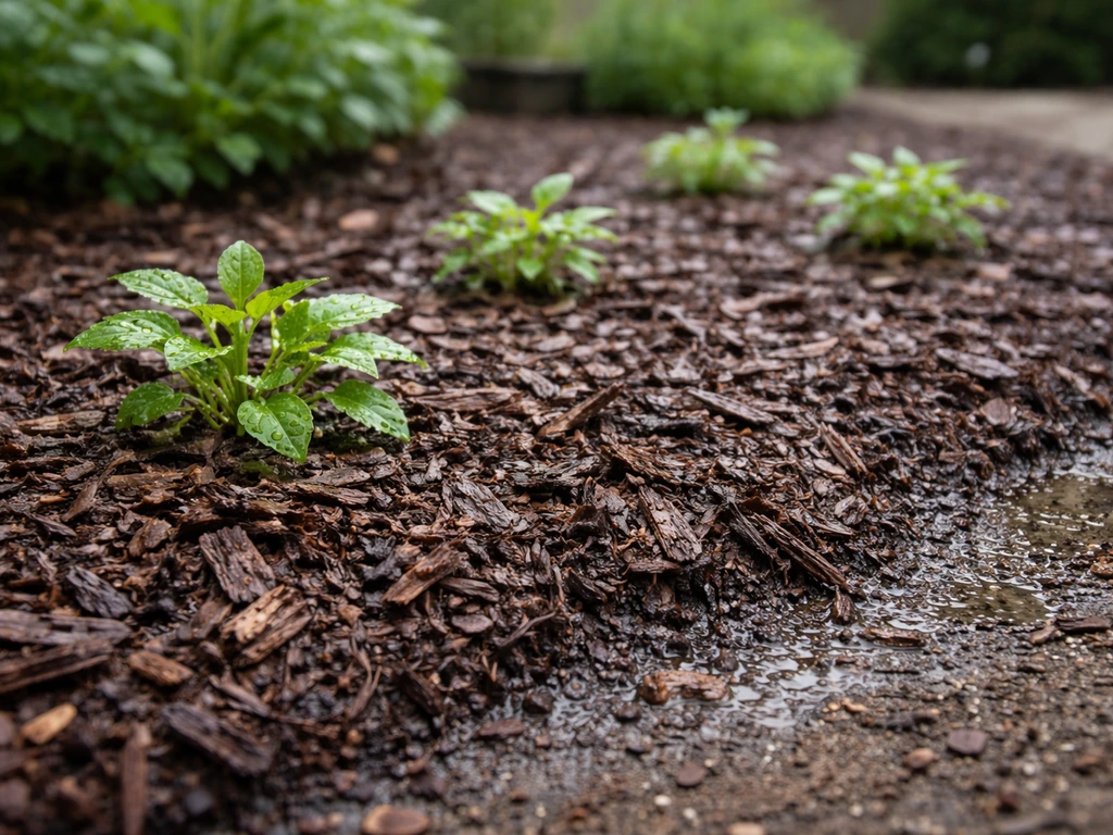 Organic mulch bed with 2–3 inch layer around plants, damp soil after light rainfall