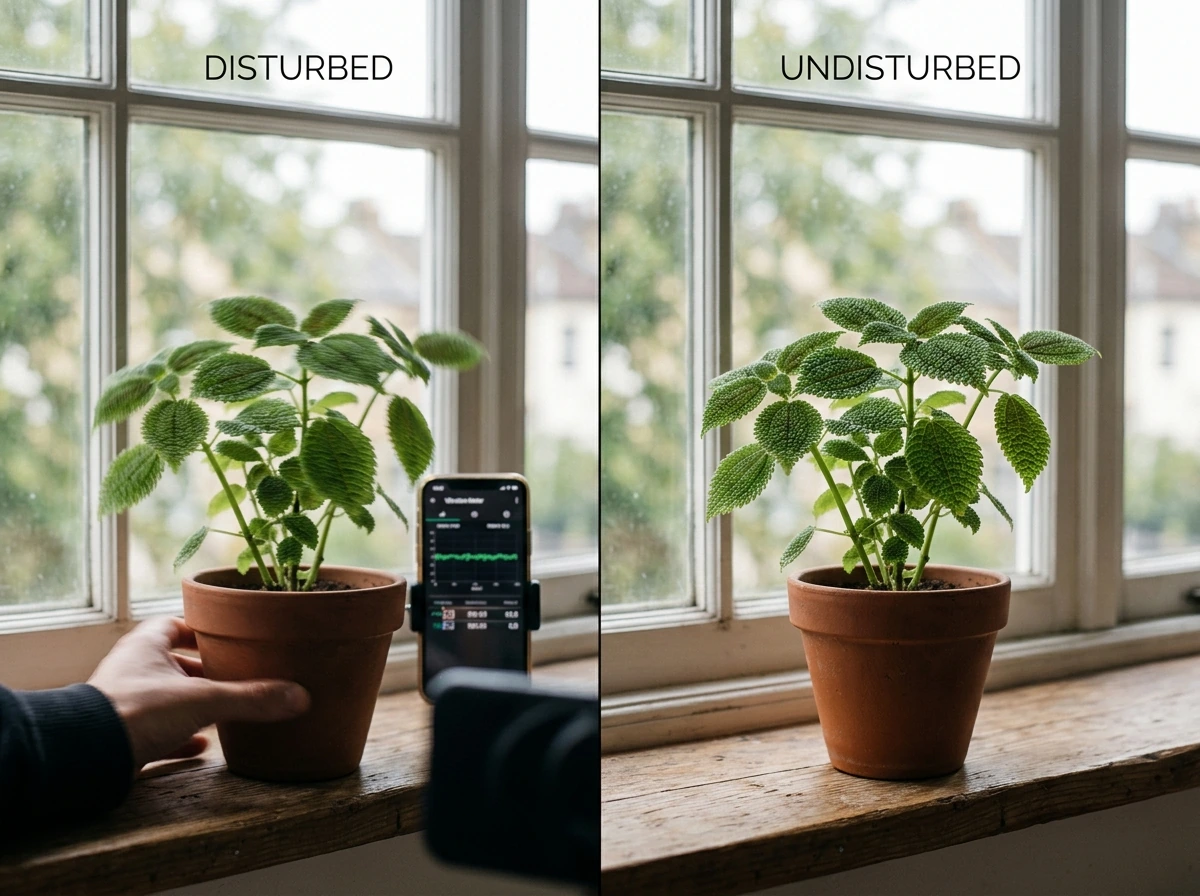 Side-by-side plants showing vibration vs no vibration setup in the same light