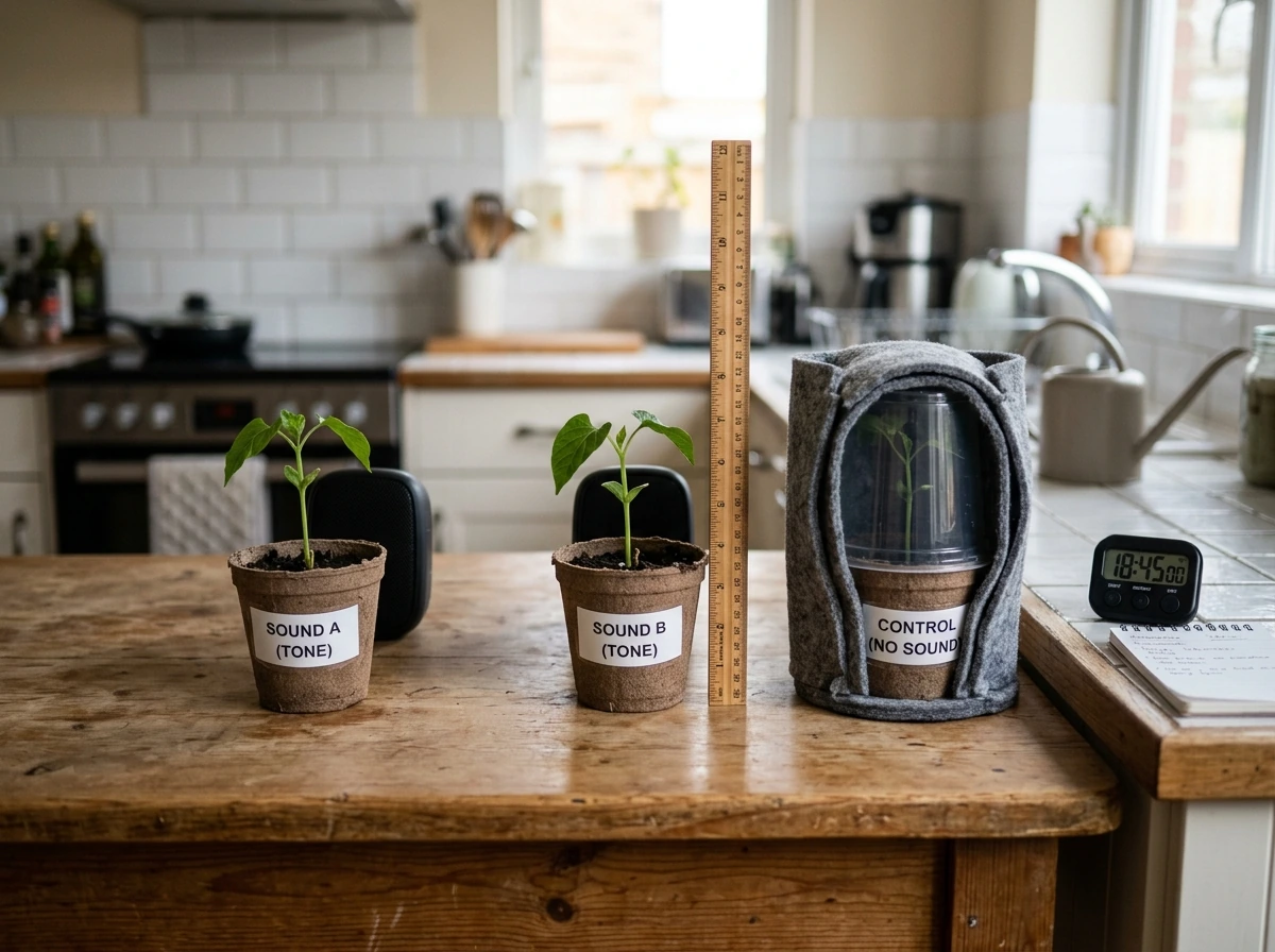 At-home plant experiment with matched pots, speaker/tone setup, and measurement tools