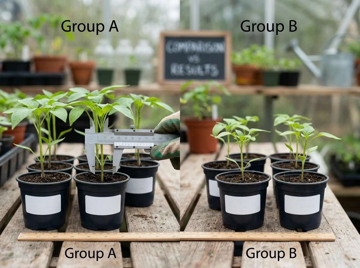 Measured seedlings showing example growth differences between two experimental groups