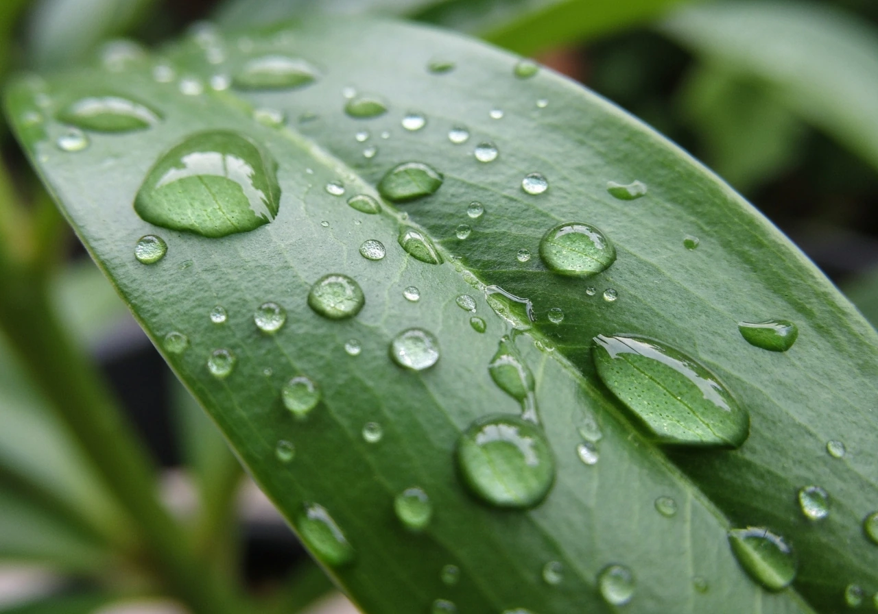 Macro shot of dish-soap droplets spreading on a green plant leaf surface.