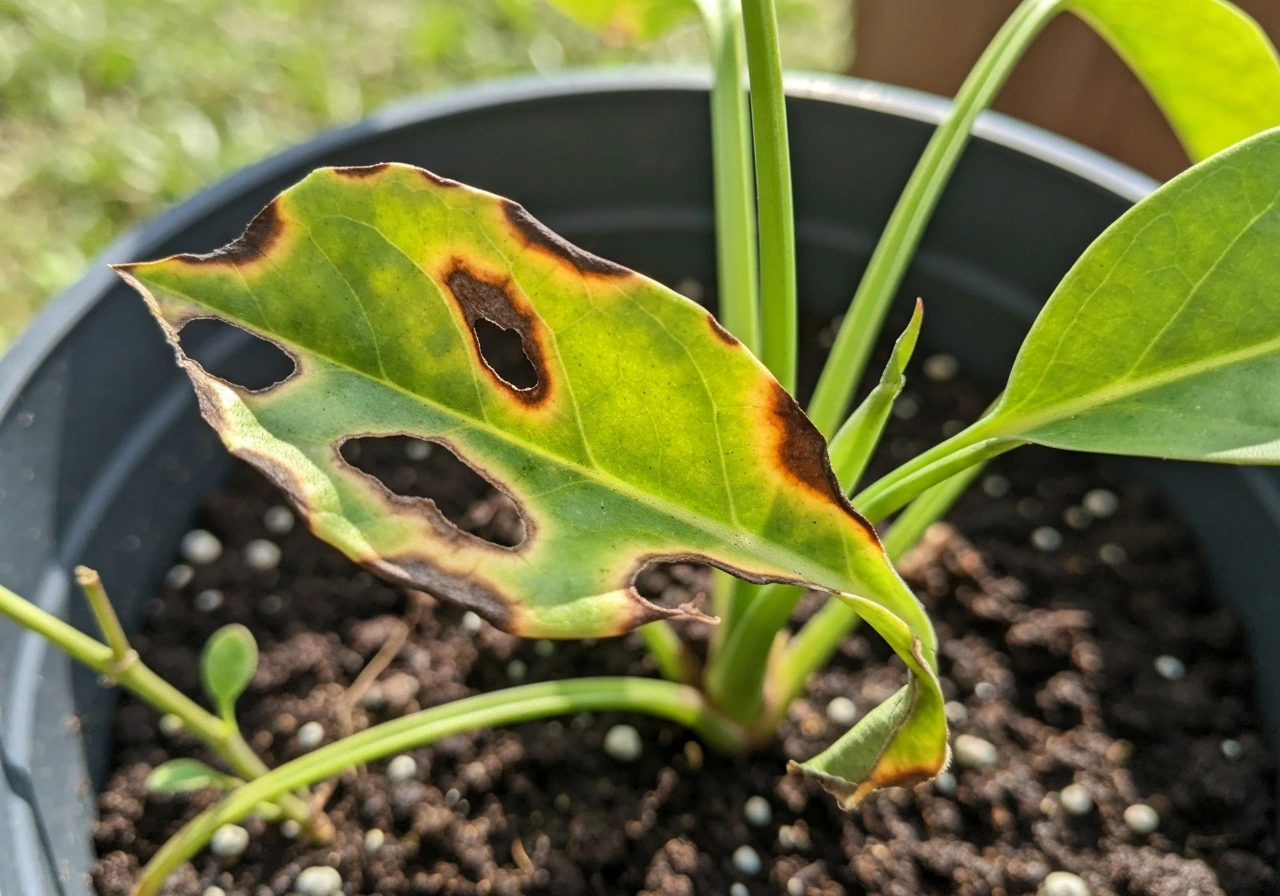 Close-up of plant leaves with brown burn spots and slight wilt from harsh soap exposure