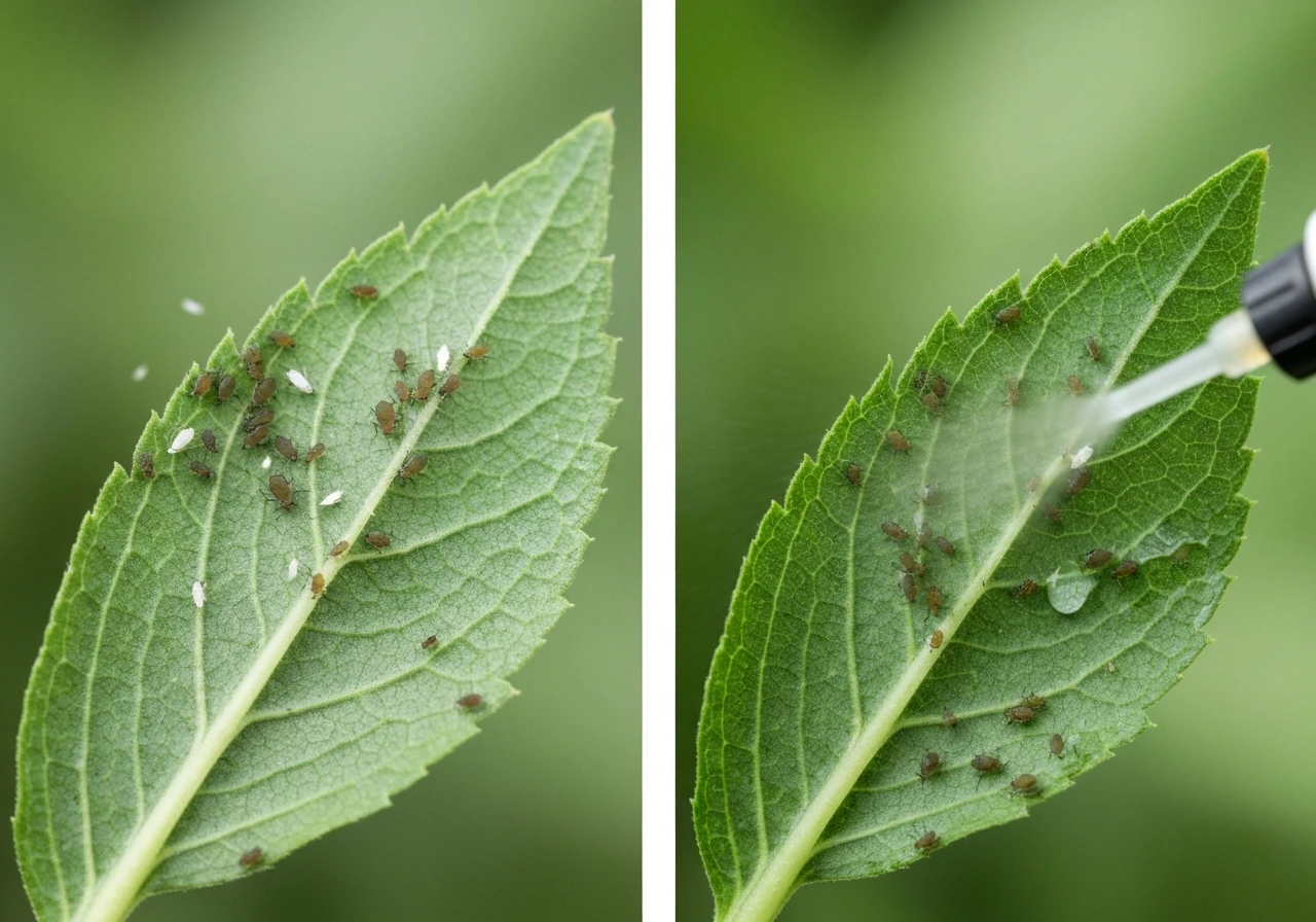 Close-up of aphids on a leaf and insecticidal soap mist applied on the same leaf for pest control.