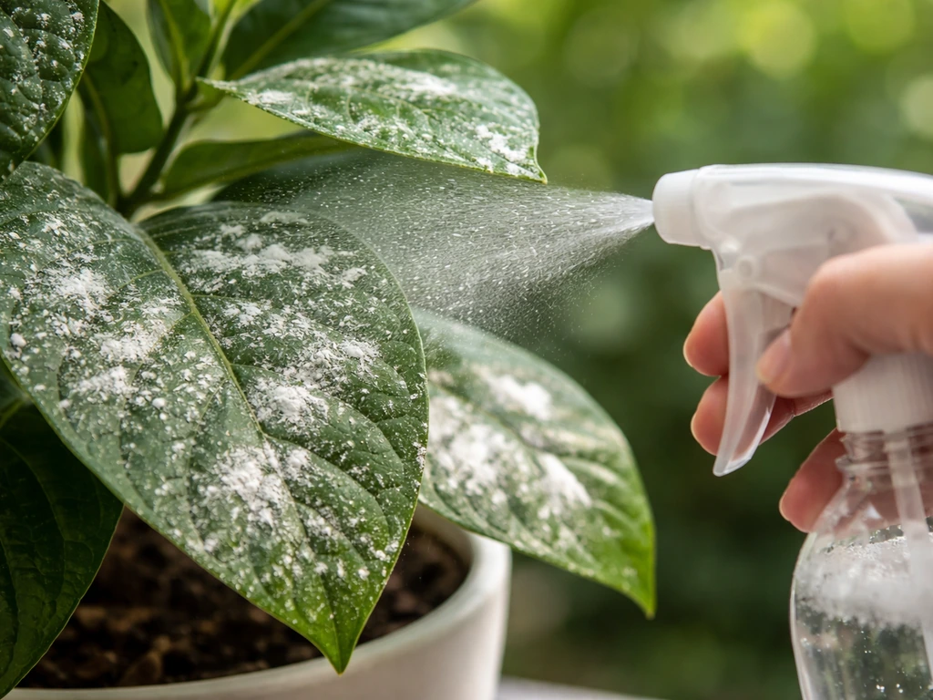 Close-up of powdery mildew on plant leaves with a light baking soda mist sprayed onto the foliage.