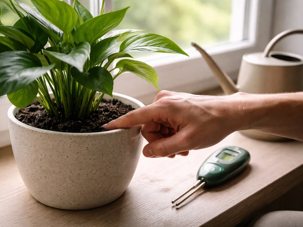 Anonymous gardener checks soil moisture in a potted plant on a sunny windowsill.