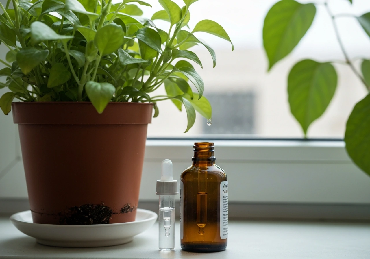 Healthy potted plant on a windowsill with a dropper and small brown hydrogen peroxide bottle by the soil.