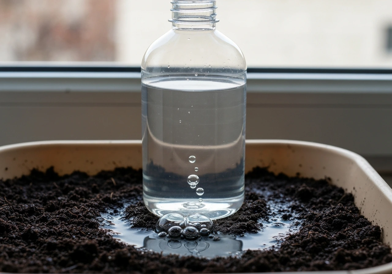 3% hydrogen peroxide bottle above damp soil with visible fizz from oxygen bubbles
