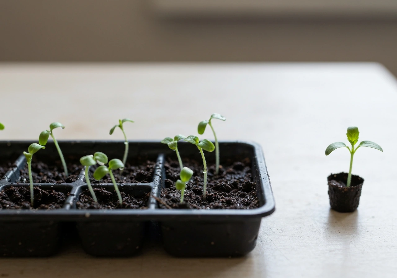 Close-up of a seedling tray with damp-off: collapsing seedlings and dark, waterlogged soil.