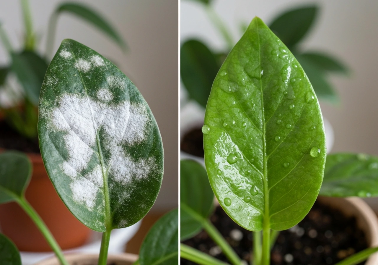 Close-up of a plant leaf with powdery mildew and a second leaf section after a dilute peroxide spray