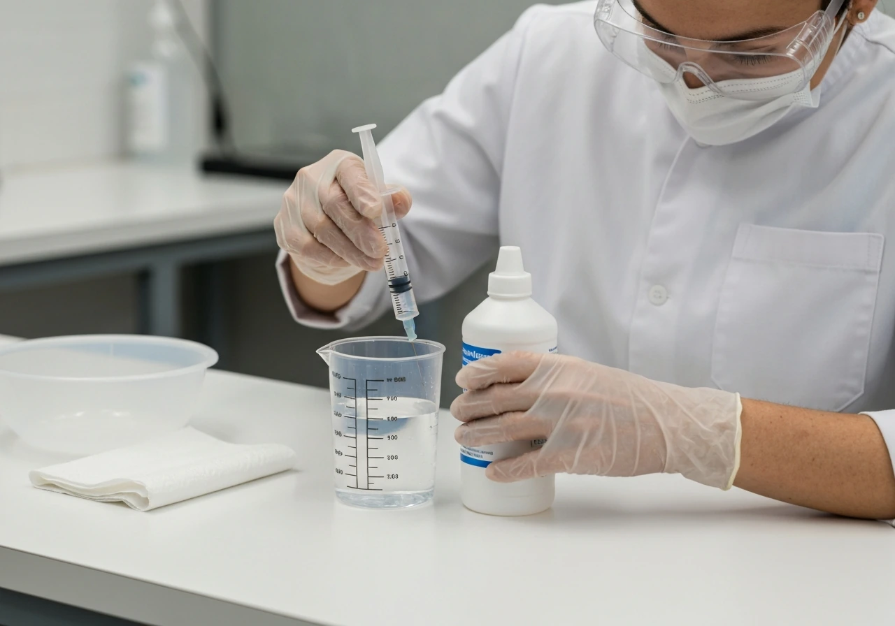 Gloved hands and goggles dilute 3% hydrogen peroxide with water using a syringe and measuring cup.