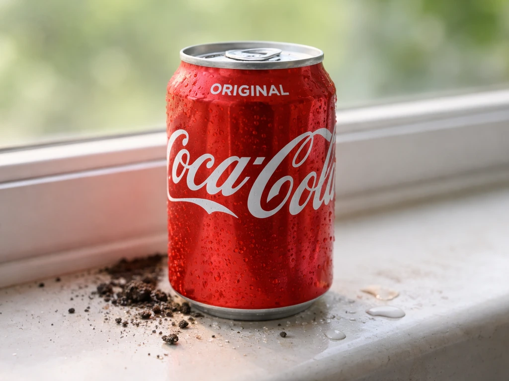 Close-up Coca-Cola can with “Original” label, sugar crystals, soil, and water droplets on a windowsill.