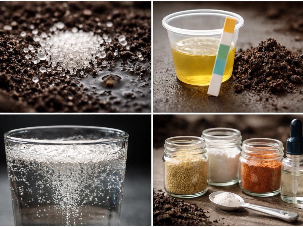 Photo collage of sugar crystals by soil moisture, acidic liquid with soil, fizz in a cup, and additives jar.
