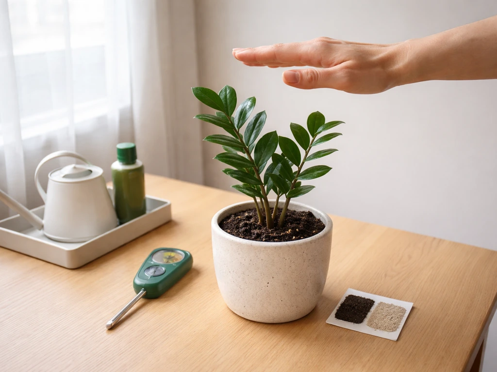 Hand near a houseplant with a 12-inch cue, moisture meter, and watering supplies on a simple tray.