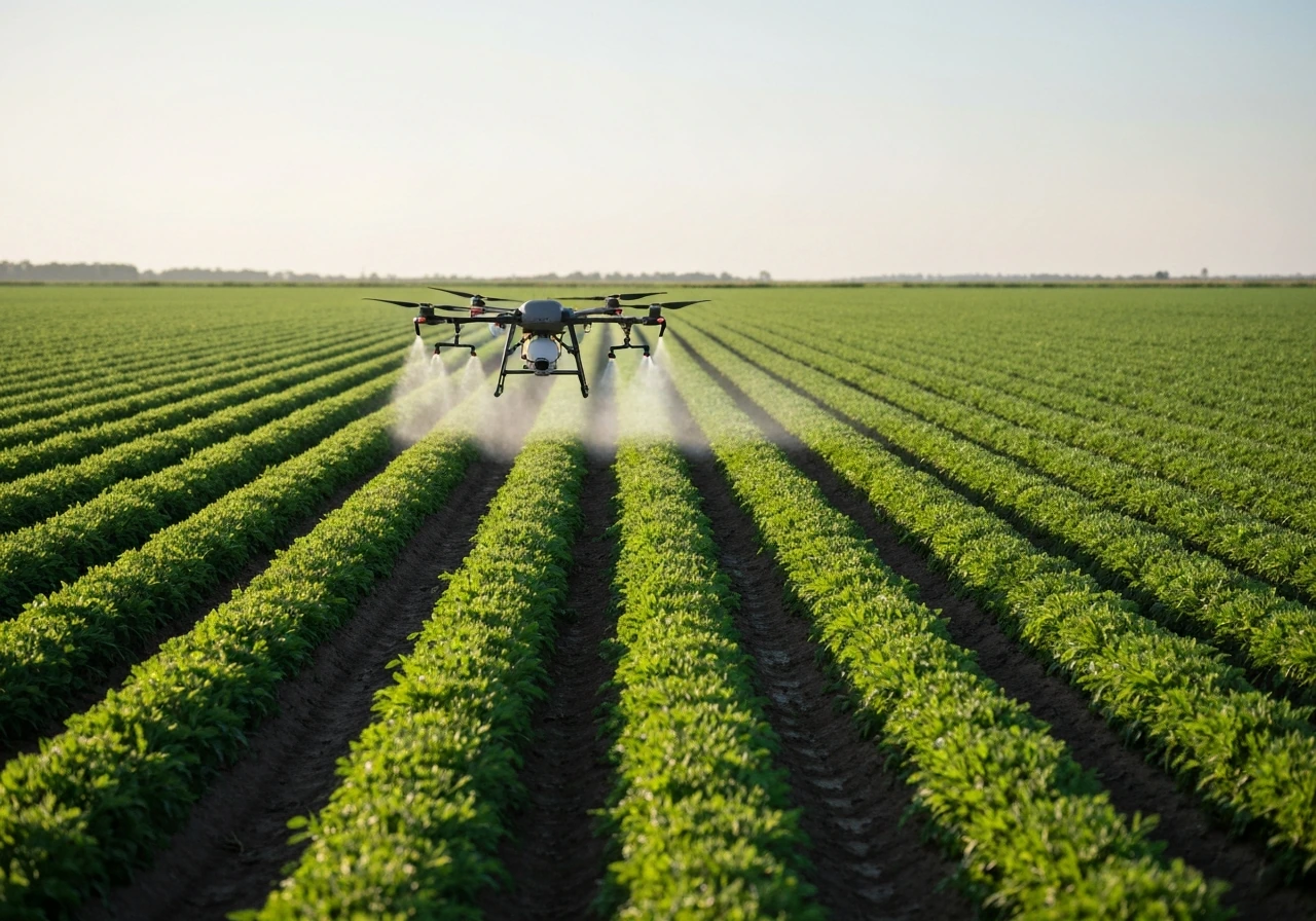 A drone sprayer applies protective mist over healthy green crop rows in a farm field.