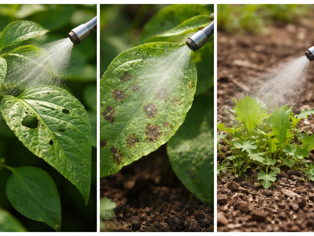 Minimal photo-style panel showing three pesticide types applied to targets: insect, fungus, and weeds.
