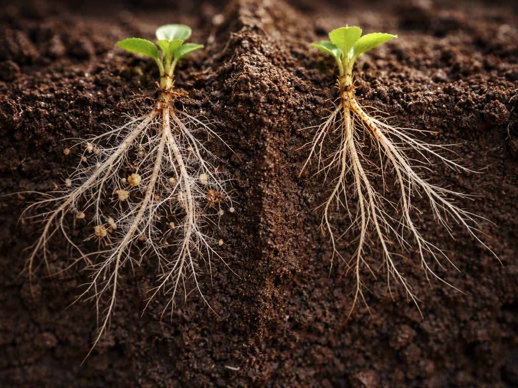 Close-up comparison of healthy plant roots with beneficial mycorrhizal fungi versus bare roots without it.