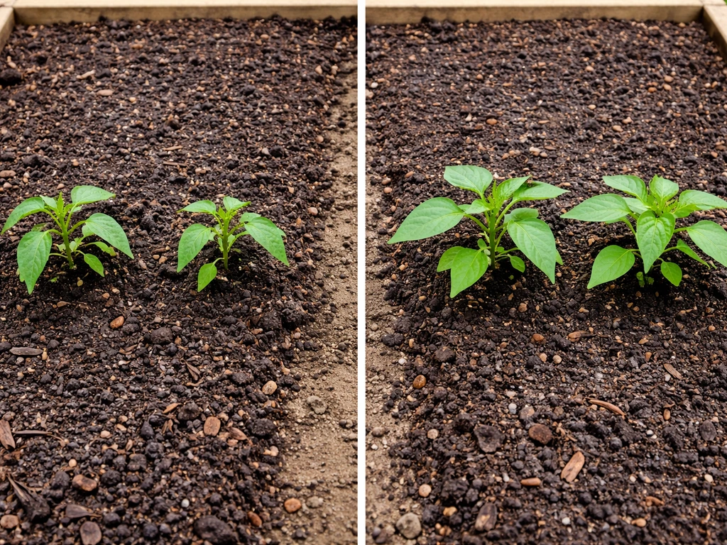 Two adjacent seedling plots: weaker growth on one side and healthier growth on the other.