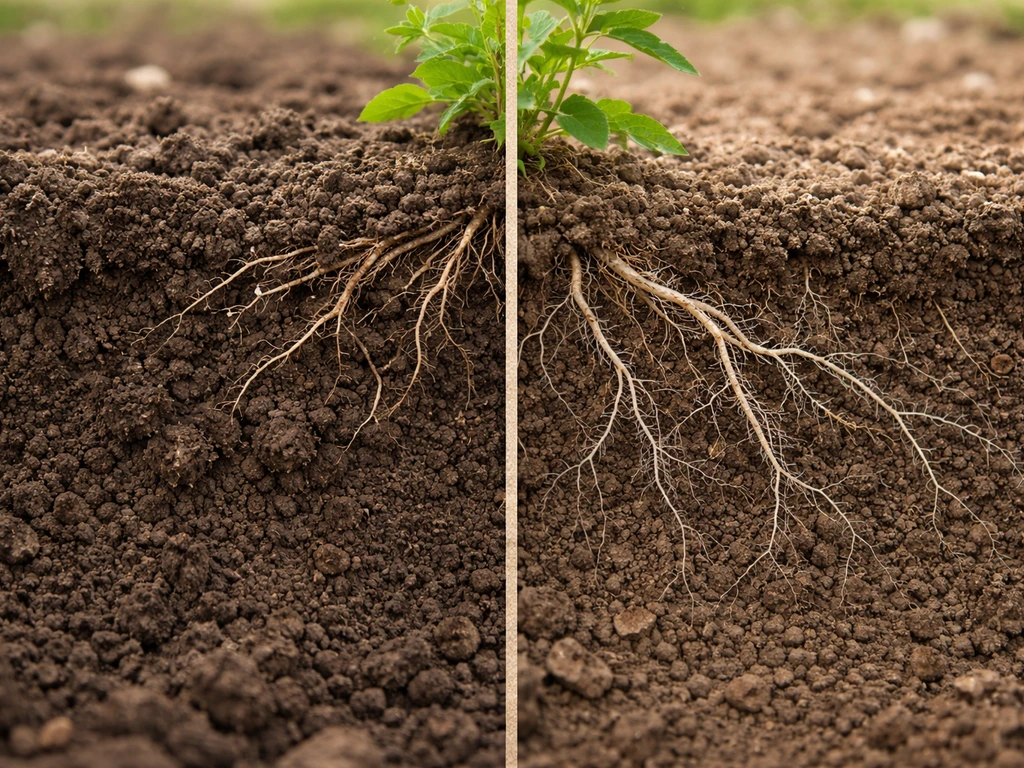 Split photo of tilled vs undisturbed soil showing intact fungal hyphae near roots on the undisturbed side.