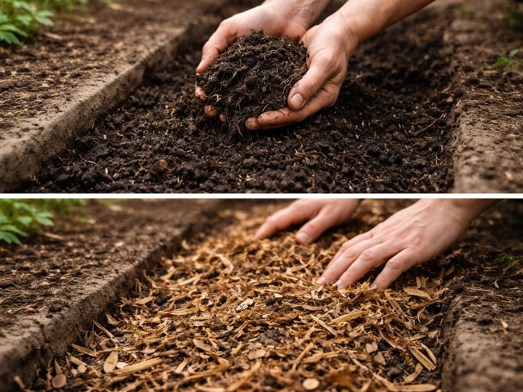 Closeup of compost being added to soil and mulch layered on a garden bed, supporting beneficial fungi.